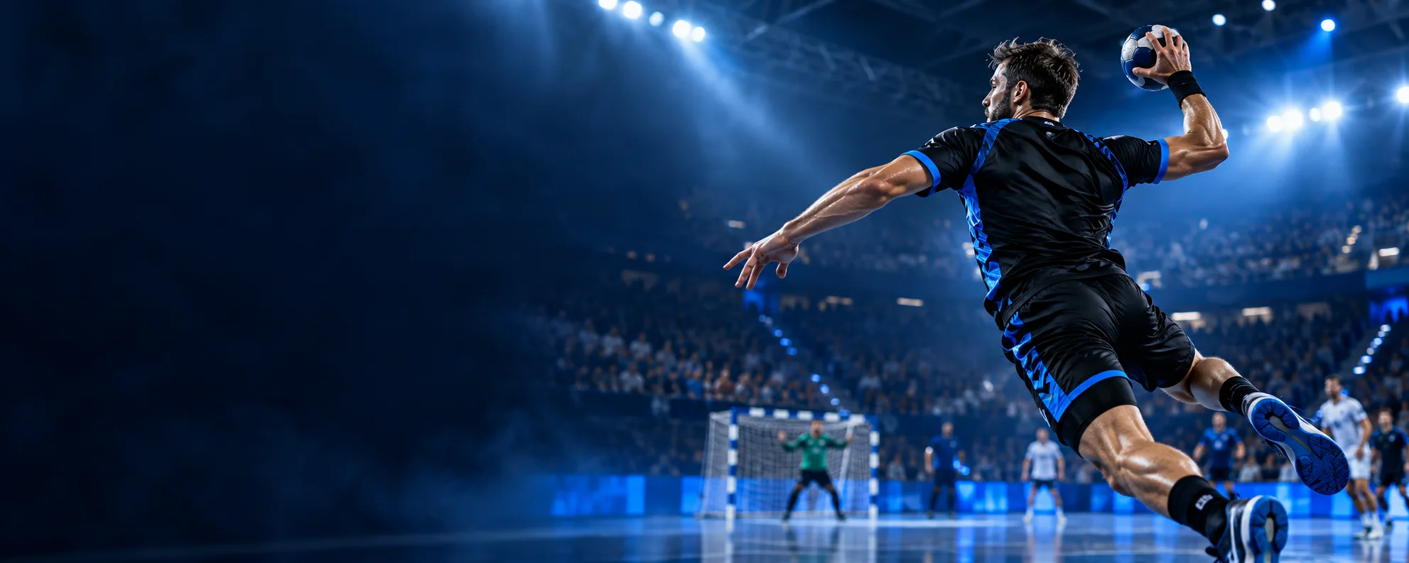 Joueur de handball en suspension dans une salle éclairée